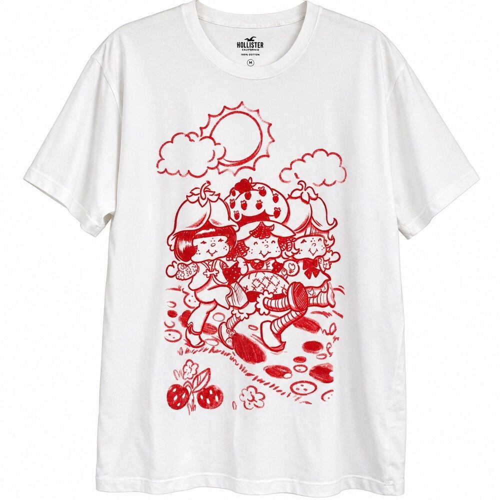 Hollister Strawberry Shortcake Graphic T-Shirt White Red 100% Cotton Sz L